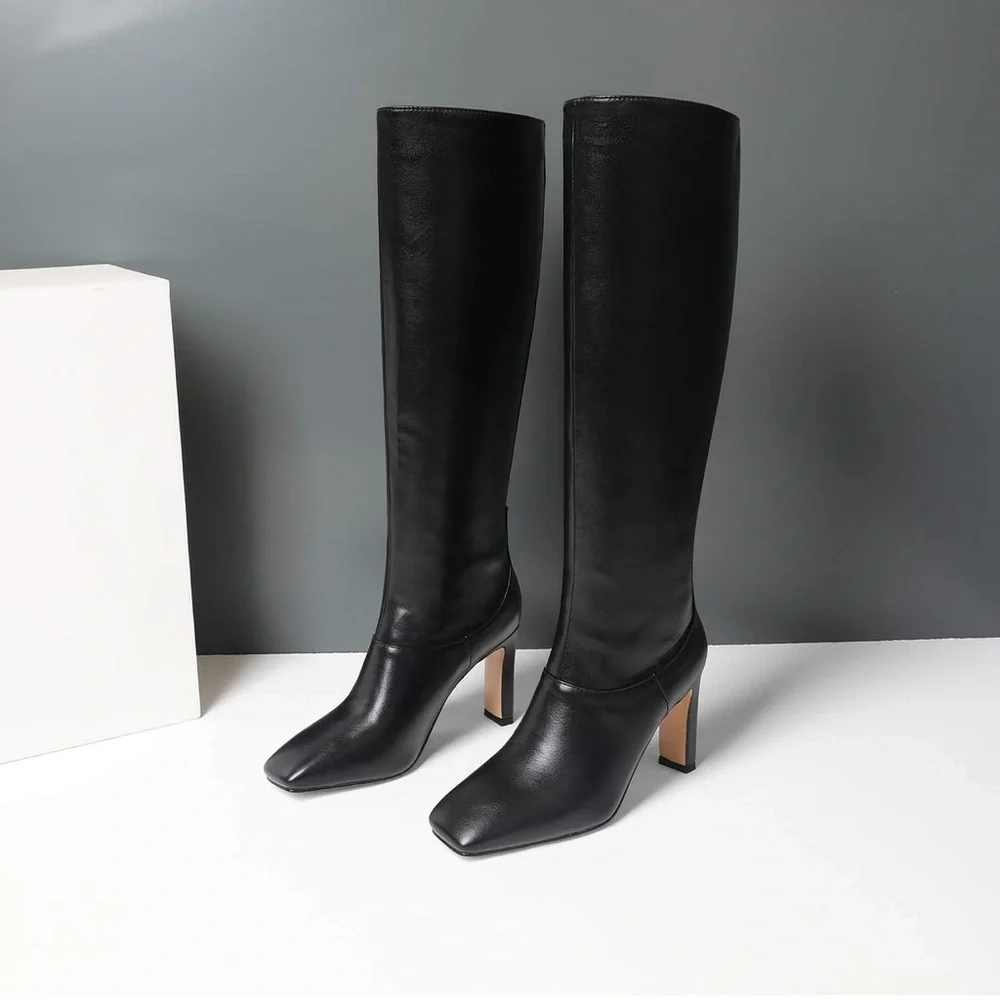 Knee High Chunky Heel Boots Matte Leather Square Closed Toe Slip On High Heeled